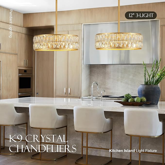 16” 4-Light Modern Crystal Chandeliers Gold Dinning Room Light Fixture, Round Pendant Light Kitchen Island Chandelier, Flush Mount Ceiling Light for Living Room Entryway Bedroom Foyer-Ruum Studio Home