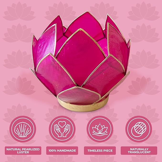 Blooming Lotus Capiz Shell Tealight Candle Holder, Handcrafted Decorative Tea Light Candleholder with Translucent Flower Petals for Ambient Illumination and Natural Elegance, Fuchsia-Ruum Studio Home