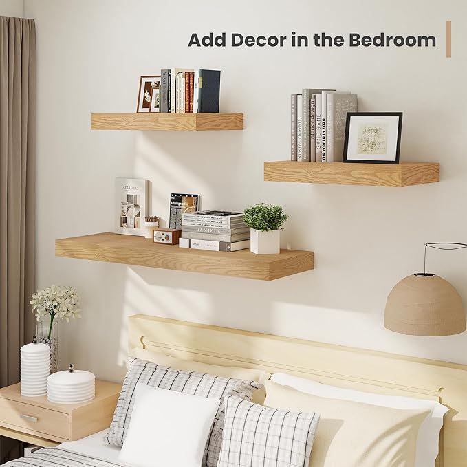 Heimlove 24 x 12 Inch Deep Floating Shelves Wall Mounted with Invisible Brackets,Storage Hanging Shelf for Wall Decor in Bathroom, Bedroom, Toilet, Kitchen, Living Room, Office Set of 2 (Oak)-Ruum Studio Home