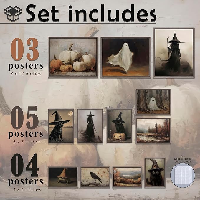 LANCHI95 12 Pcs Halloween Wall Art Prints, Vintage Witch Posters, Cute Ghost Pictures for Bedroom Decor (UNFRAMED)-Ruum Studio Home