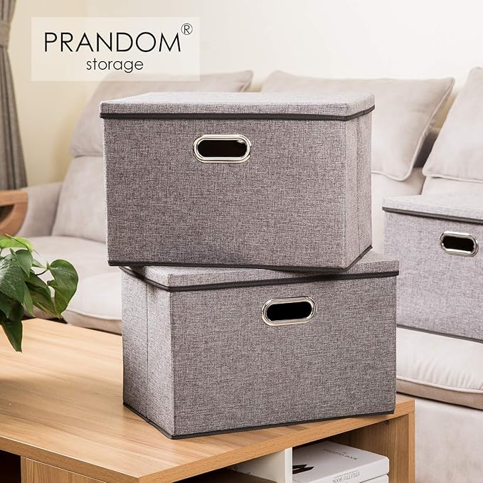PRANDOM Large Collapsible Storage Containers with Lids [5-Pack] Linen Fabric Foldable Storage Bins Boxes Organizer Baskets Cube with Cover for Home Bedroom Closet Office Nursery (17.7x11.8x11.8)-Ruum Studio Home