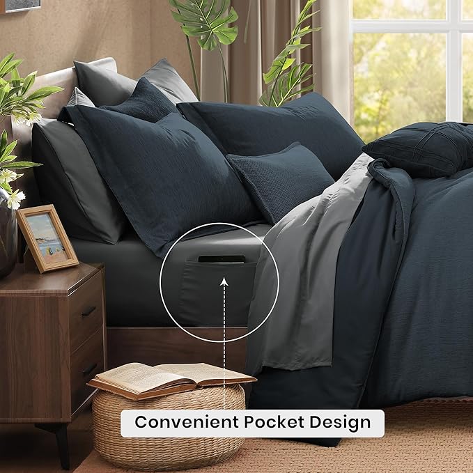 Monbix Full Size Comforter Set, Navy Blue Bedding Comforter for Full Size Bed Set Reversible, Bedding Sets Full 7 Pieces, Cationic Dyeing Bed in a Bag with Comforter, Sheets, Pillowcases & Shams-Ruum Studio Home