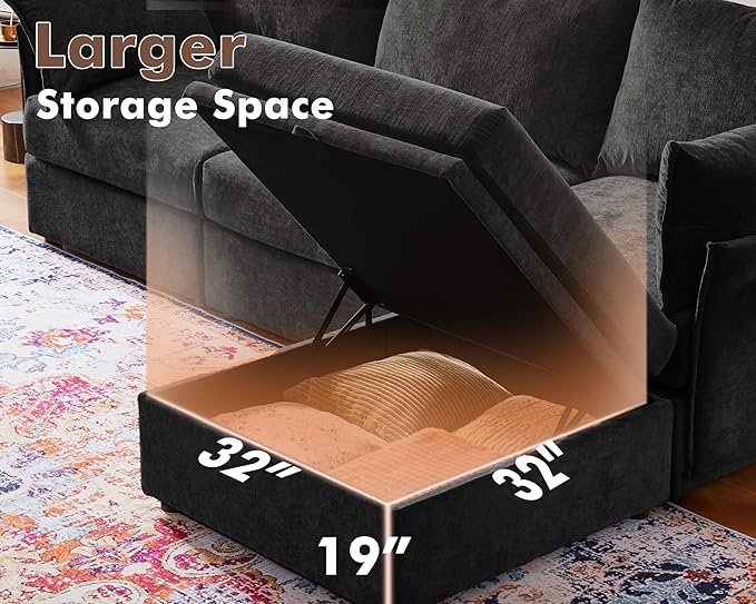 Luxury Modular Sectional Sofa, L-Shaped 3-Seat Couch with Storage Ottoman Deep Seat & Reversible Chaise Lounge Chenille Black for Compact Spaces, Apartments, Dorm-Ruum Studio Home