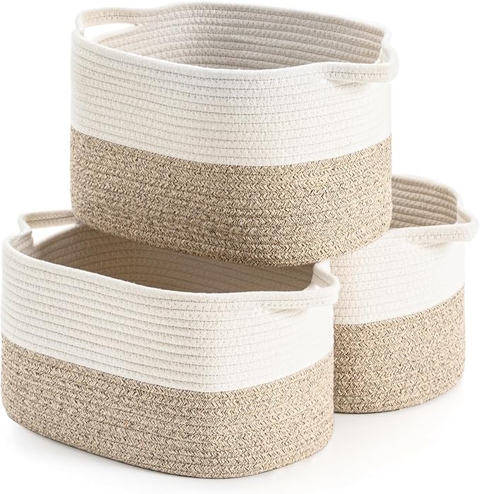 Cotton Rope Woven Storage Basket, Used for Baby Hamper Toy Organizer, Gift Baskets Empty,Kids Laundry Basket,Baby Blanket Basket. Size 15x10x8.7 Inches. (White&Brown-3PCS)-Ruum Studio Home