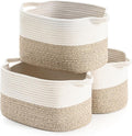 Cotton Rope Woven Storage Basket, Used for Baby Hamper Toy Organizer, Gift Baskets Empty,Kids Laundry Basket,Baby Blanket Basket. Size 15x10x8.7 Inches. (White&Brown-3PCS)-Ruum Studio Home