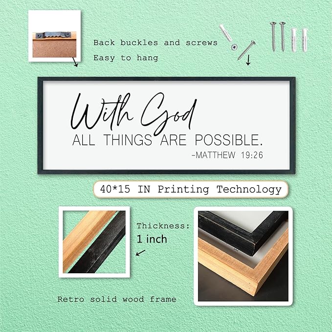 LuZhiQiang With God All Things Are Possible Wall Decor 40"×15" Matthew 19:26 sign Bible Verse Scripture for Living Room Large Wood Framed Wall Hanging Art (Black)-Ruum Studio Home