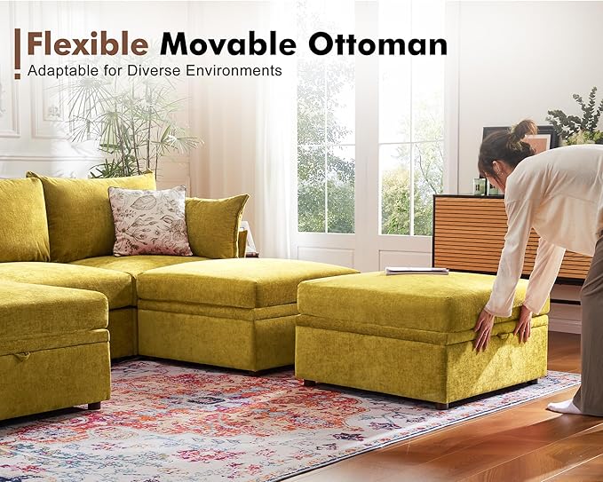 Luxury Modular Sectional Sofa, L-Shaped 3-Seat Couch with Storage Ottoman Deep Seat & Reversible Chaise Lounge Chenille Yellow for Compact Spaces, Apartments, Dorm-Ruum Studio Home