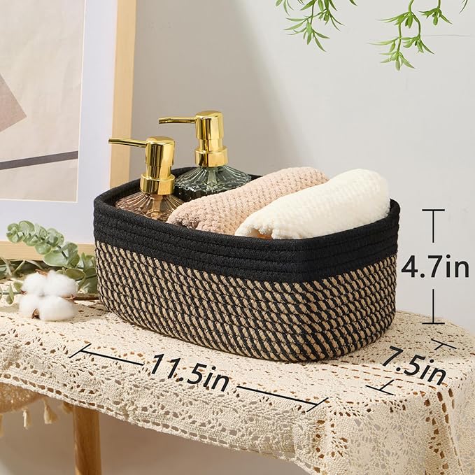 Small Storage Baskets for Organizing | Closet Organizer Bins | Shelf Toy Basket | Woven Rope Baskets | Cube Decorative Box | Shallow Basket | 11.5x7.5x4.7” | 3 Packs Black Brown-Ruum Studio Home
