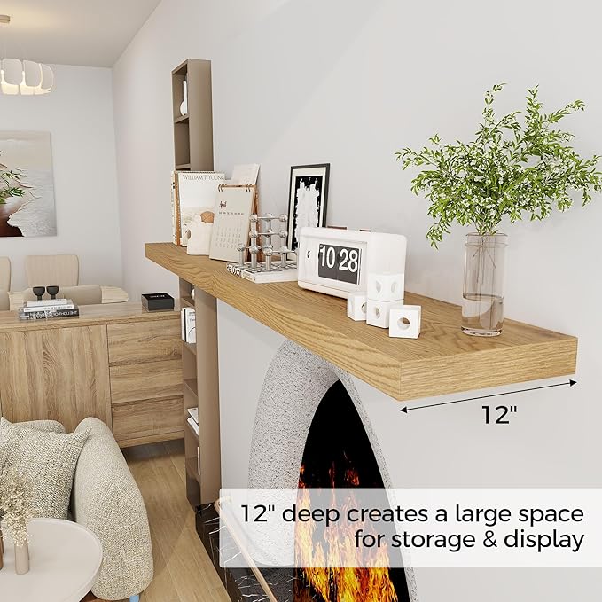 Fun Memories 72 Inch Floating Shelf, 12 Inch Deep Wall Shelf for Fireplace Mantel, Deep Storage Shelves for Home & Office, Wall Shelves with Invisible Bracket, Oak, Set of 1-Ruum Studio Home