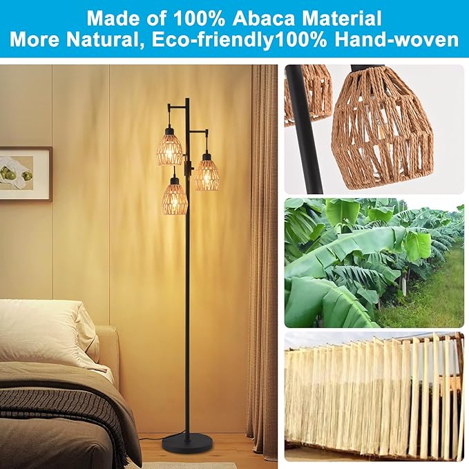 Boho Rattan Floor Lamp-Standing Lamps for Living Room 70'' Dimmable Floor Lamp with Cage Shade, Industrial Farmhouse Floor Lamps Rustic Floor Lamps Vintage Lamp for Living Room Bedroom Office-Ruum Studio Home