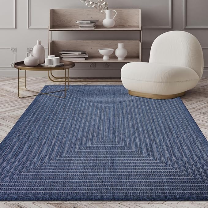 Adiva Rugs Outdoor Indoor Area Rug, Weather Resistant, Easy to Clean, Stain Resistant Floor Mat for Dining Room, Backyard, Deck, Patio (Navy Weiss, 8' x 10')-Ruum Studio Home