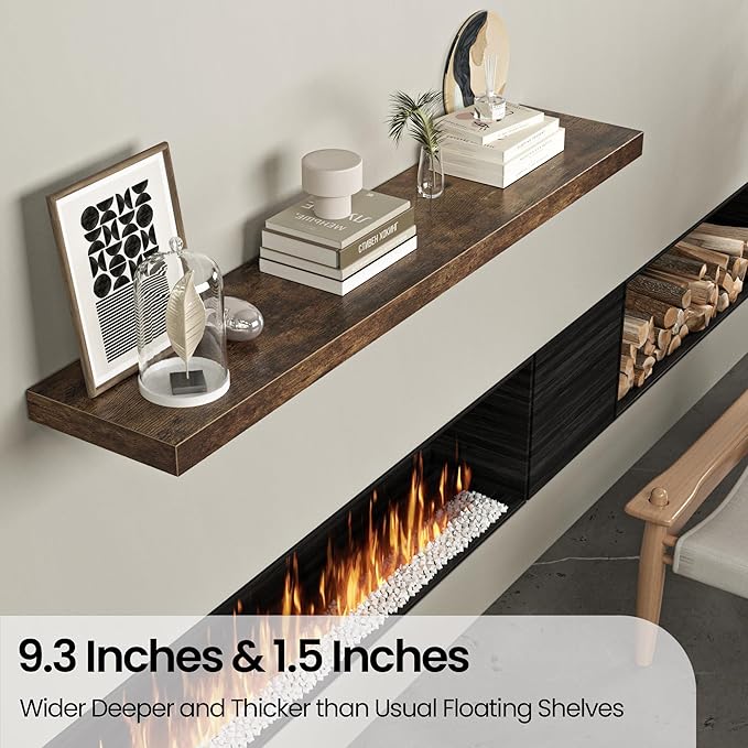 Floating Shelves for Wall, 72" W x 9.3" D x 1.5" H, Long Wooden Wall Mounted Display Shelf with Invisible Brackets for Living Room, Bedroom, Bathroom, Kitchen & Storage, Set of 1, Rustic Brown-Ruum Studio Home