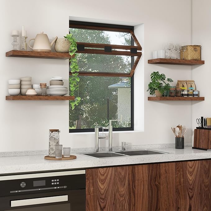 Heimlove 24 inch Floating Shelves for Wall,9.3 inch deep Brown Bathroom Over Toilet Shelf,Wall Mounted Rustic Wood Shelves for,Bedroom,Living Room,Kitchen,Office Decor Set of 2-Brown-Ruum Studio Home