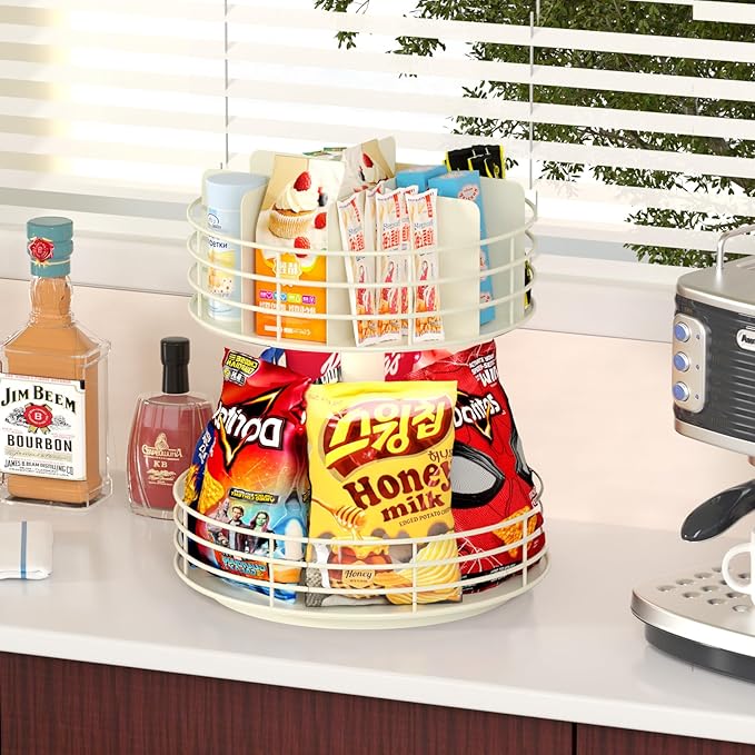 Snack Organizer - Versatile Snack Storage 2 Tier Lazy Susan with Convenient Grab-and-Go Design, Metal Snack Holder for Home, Office, Breakroom, 12.13" L x 12.13" W x 12.56" H (Matte White)-Ruum Studio Home