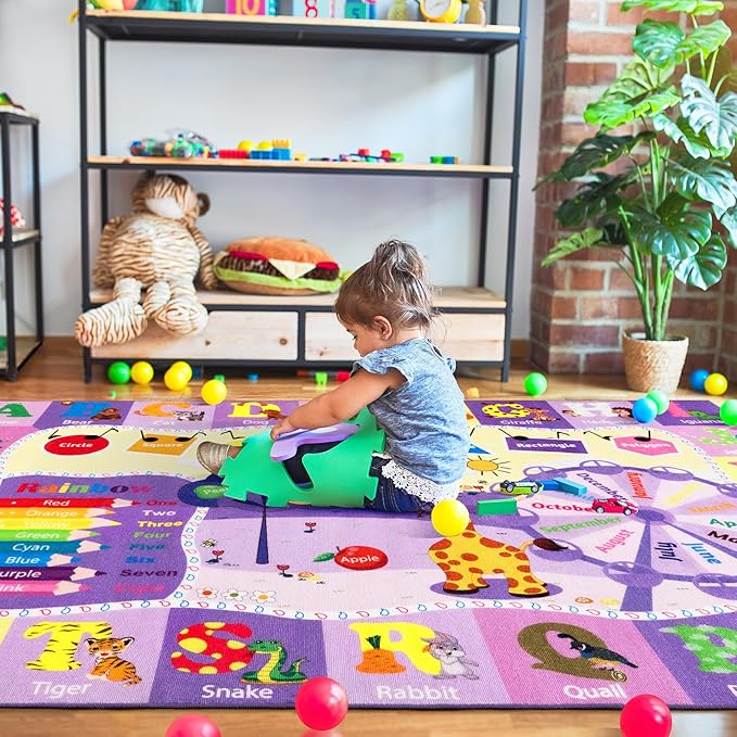 Kids Rugs for Playroom Bedroom Classroom Nursery, Non-Slip and Washable Rugs for Children Toddlers Girls, Educational and Fun Rug Carpets with ABC Alphabet Animals Shapes, 5x7, Purple-Ruum Studio Home