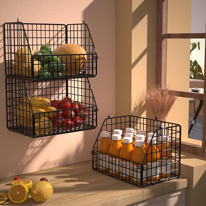Stackable Wire Storage Baskets for Kitchen Closet Pantry, Hanging Closet Organizers Storage Shelves Organization, Wall Mount Metal Basket Bins, Clothing Vegetable & Fruit Organizer 5 pcs-Ruum Studio Home