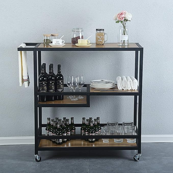 Bar and Serving Cart Industrial & Modern Rustic Rolling Bar and Serving Cart,3-Tiered Wood & Metal Kitchen Bar Cart Island with Wheels,Move Storage Coffee/Wine Island Shelf,Black-Ruum Studio Home