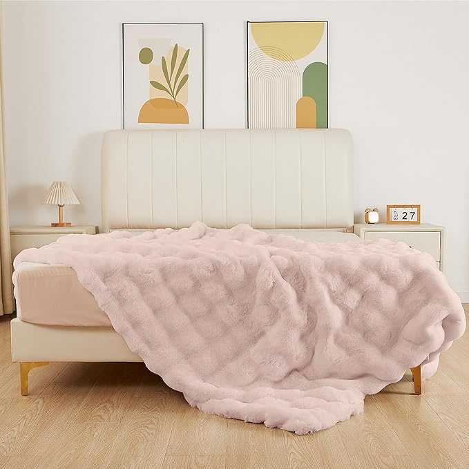 Pink Faux Fuzzy Fur King Size Throw Blanket 90x108 Cozy Furry Throw Rabbit Fur Blanket for Bed Soft Fluffy Blanket King for Living Room Bedroom Home Gifts 1000 GSM-Ruum Studio Home