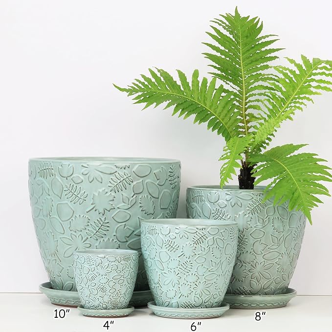 6 Inch Retro Ceramic Planter Set of 2 with Drainage Hole and Saucer for Plants, Indoor-Outdoor Garden Pots for Succulent, Orchid, and Flower (Fits Inner Pots Up to 5 Inches, Retro Green)-Ruum Studio Home