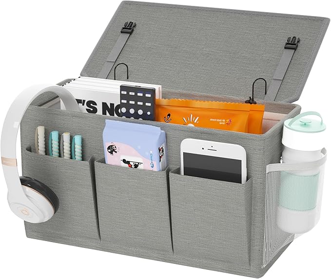 Dual-purpose Bedside Caddy Bedside Organizer, Bed Caddy with 6 Pockets, Versatile Bedside Storage Solution Magazine Remotes holder, ideal for Home, Dorm, Hospital, Crib Bed (Grey)-Ruum Studio Home