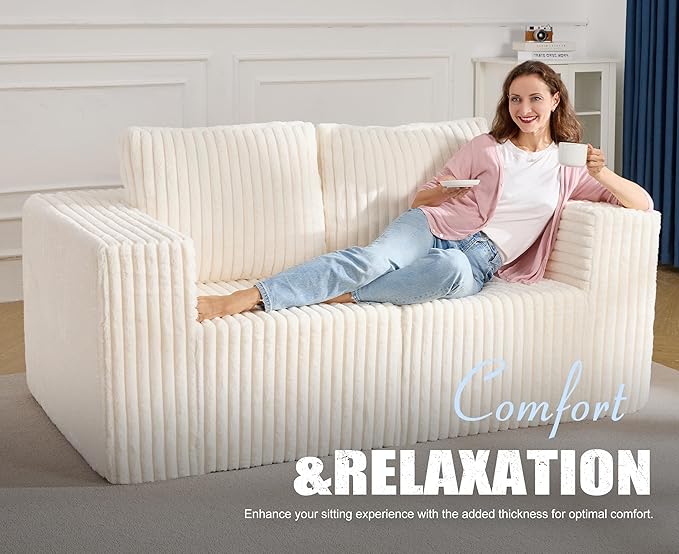 Modular Sectional Sofa 2 Seater Loveseat Modular Couch with Deep Seat Memory Foam Cloud Chair with Pillows Oversized Sectional Sofa for Living Room Bedroom (Strip White, Loveseat)-Ruum Studio Home