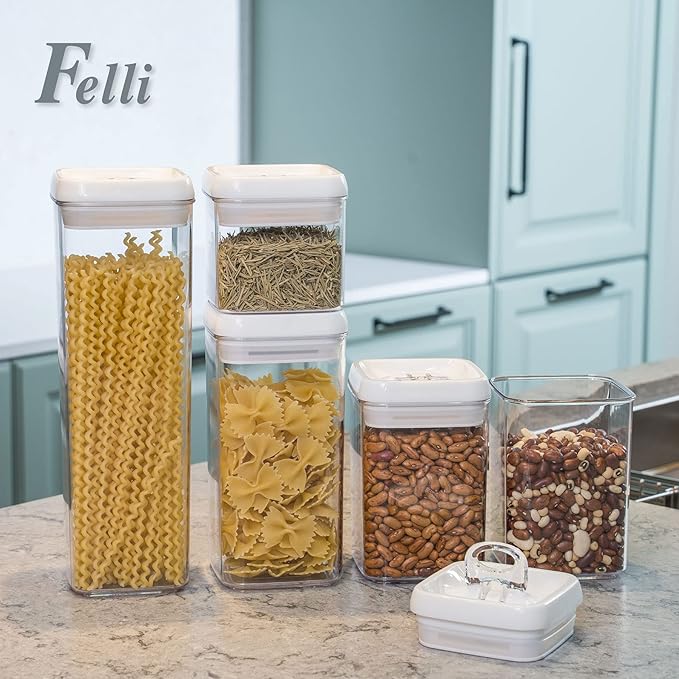 Felli Flip Tite Storage Container with Lid 4" Airtight Ring Seal Top, Stackable Acrylic Canister Jar Set for Kitchen Pantry Organizer, Food Spice Pasta Cereal Snack, Gifts for Women (5pk, Variety)-Ruum Studio Home