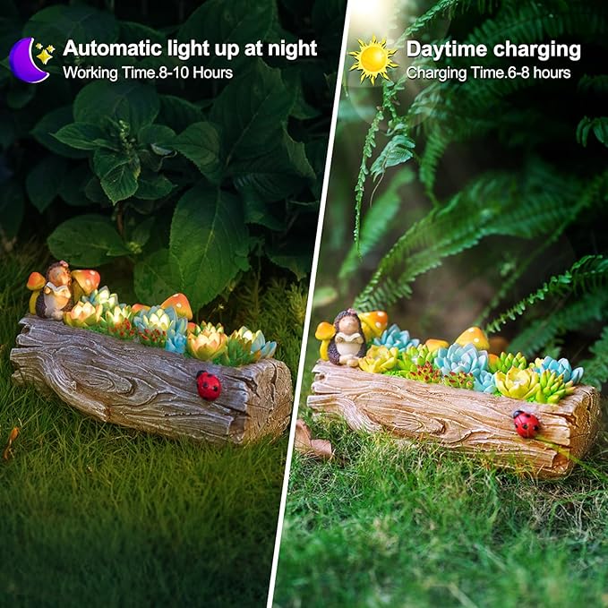Garden Solar Figurine Light - Stump Succulent Solar Light Outdoor, Solar Powered Lighting Outside Decorations Yard Art Lawn Ornaments for Porch Patio Balcony - Succulent Gifts for Women Mom-Ruum Studio Home