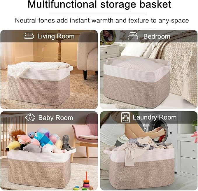 OIAHOMY 95L Blanket Basket, 24”x17”x14”, Large Woven Basket for Storage, Nursery Cotton Rope Basket with Handle, Living Room, Nursery, Bedroom,Toy Storage Organizer Bins, Brown and White-Ruum Studio Home