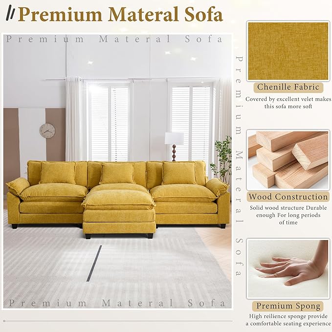URRED Modular Sectional Sofa Comfy Cloud Couch, Modern Chenille Sofa Sleeper Deep Seat Couches with Ottoman/Pillows for Living Room (Yellow, 117''- L Shape)-Ruum Studio Home