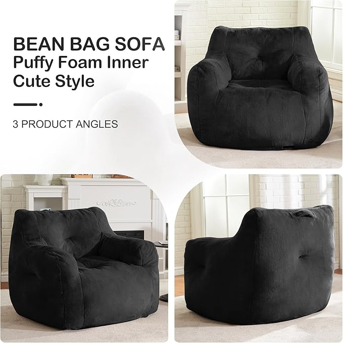 Hobestluk Bean Bag Chair for Adult Small Bean Bag Chairs with Arms Furry Beanbag Chair with Foam Filler Stuffed Bean Bag Sofa for Reading in Bedroom Living Room and Dorms (Black)-Ruum Studio Home