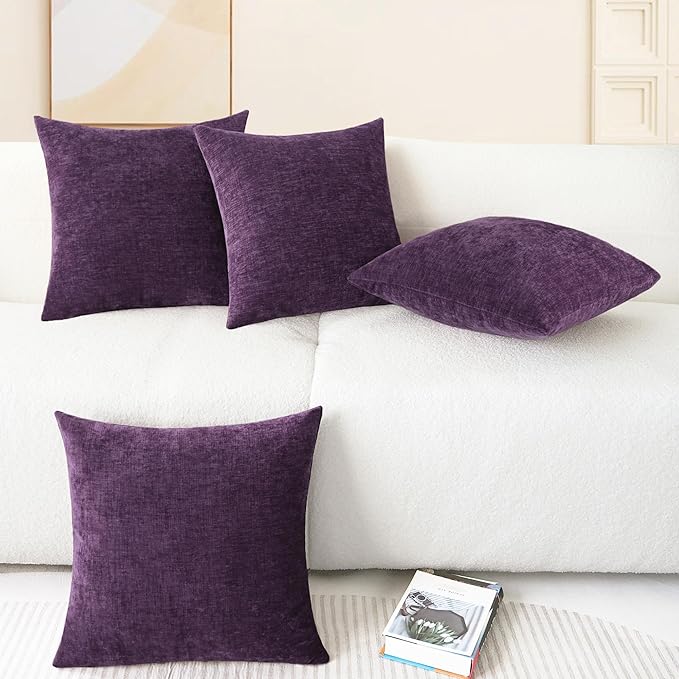 CaliTime Throw Pillow Covers Decorative 18 X 18 Inches Pack of 4 Cozy Chenille Cushion Cases for Couch Sofa Bed Living Room Home Plum Purple-Ruum Studio Home