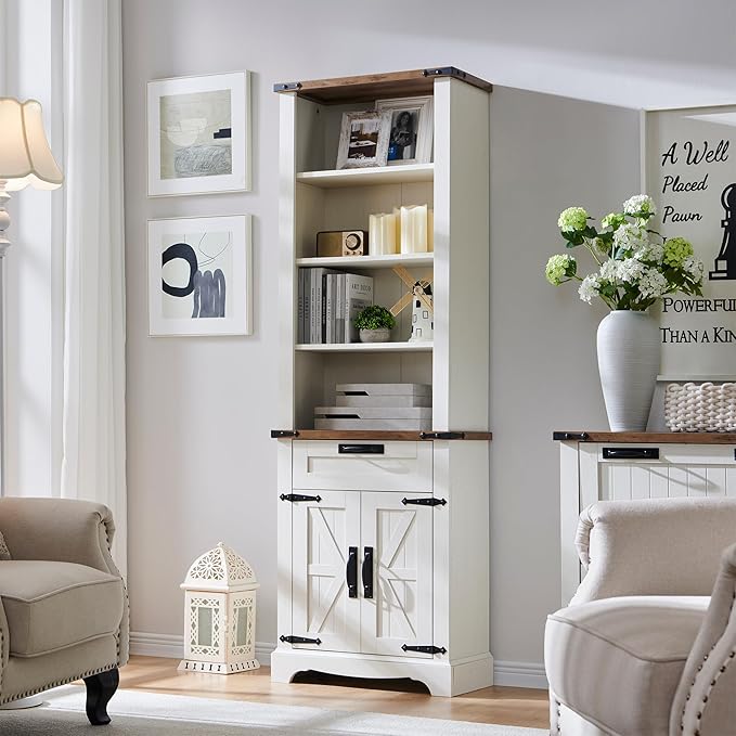 OKD 72'' Tall Bookshelf with Storage, Farmhouse 4 Tier Bookcase with Barn Door, Adjustable Shelves and Drawers, Rustic Wooden Office Bookshelves for Home Bedroom, Living Room, Library Antuique White-Ruum Studio Home