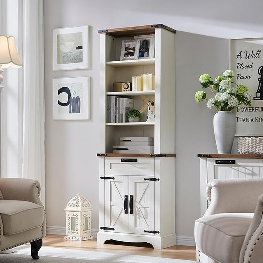 OKD 72'' Tall Bookshelf with Storage, Farmhouse 4 Tier Bookcase with Barn Door, Adjustable Shelves and Drawers, Rustic Wooden Office Bookshelves for Home Bedroom, Living Room, Library Antuique White-Ruum Studio Home