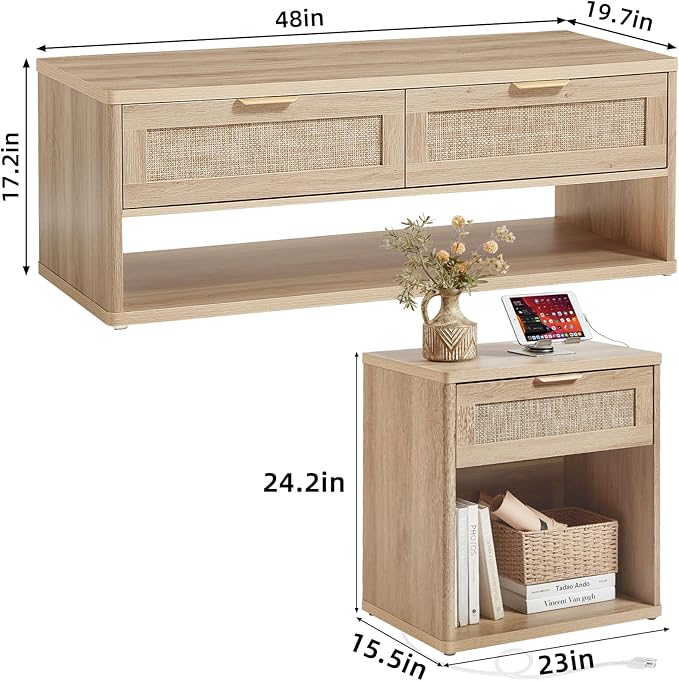 LEYAOYAO Boho Rattan Coffee Table Sets 2 Pieces, Nightstand with Charging Station and Coffee Table with Hidden Storage Compartment, Natural Living Room Table Set, Wood Furniture Sets for Home Office-Ruum Studio Home