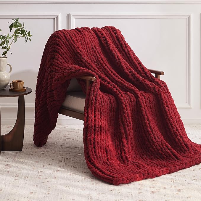 Chunky Knit Throw Blanket, 30''*40'' Knitted Throw Chenille Yarn for Bed Couch, Handmade Red Crochet Big Thick Blanket, Machine Washable Cute Comfy Blanket for Home Decor-Ruum Studio Home