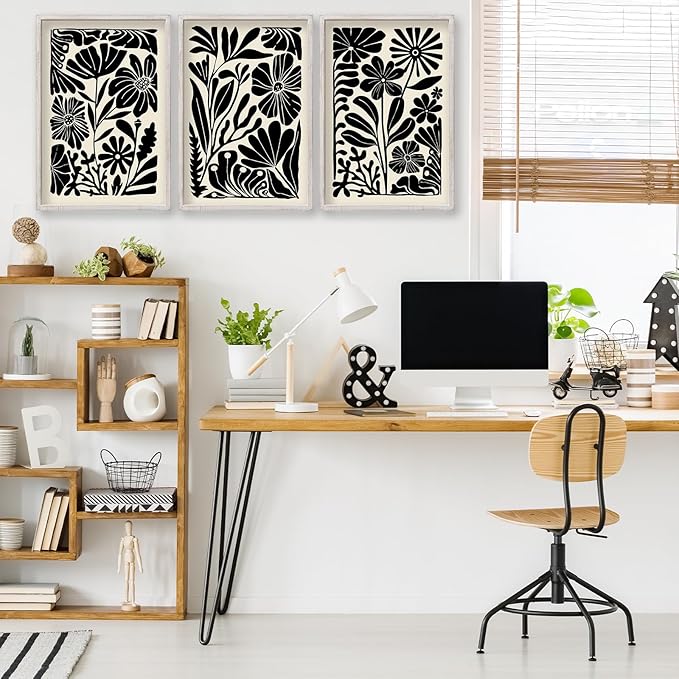 Abstract Floral Botanical Wall Art 16x11 Inch 3 Piece Black Vintage Boho Plant Flower Minimalist Wood Frame Sign Home Living Room Family Office Mid Century Print Wall Hanging Decor (White)-Ruum Studio Home