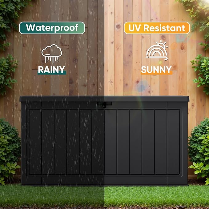 JUMMICO 160 Gallon Resin Outdoor Storage Deck Box with Divider, Waterproof Storage Box&Bench with Lockable Lid for Garden Tools, Pools Supplies (Black)-Ruum Studio Home