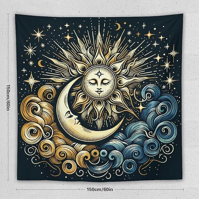 HZOHNAGO Sun Moon Tapestry Boho Golden Stars Pattern Printed Wall Tapestry Wall Hanging for Bedroom Living Room Dorm 60" W x 60" H-Ruum Studio Home