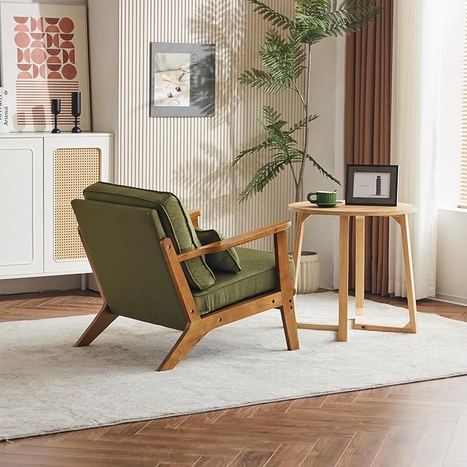Karl home Accent Chair Wide Armrest Mid-Century Lounge Chair Linen Fabric Armchair with Lumbar Pillow & Solid Wood Frame for Living Room, Bedroom, Balcony, Green-Ruum Studio Home