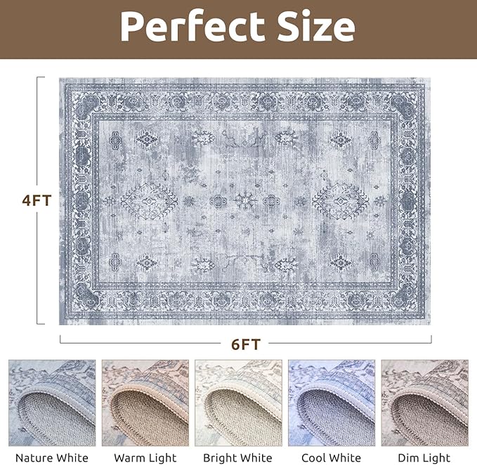 AMOAMI-Vintage Area Rug 4x6 Blue Rugs for Living Room-Soft Living Room Rug Non Slip Rugs for Bedroom Carpet Machine Washable Rug for Dining Room Bedside Office Room Decor-Ruum Studio Home