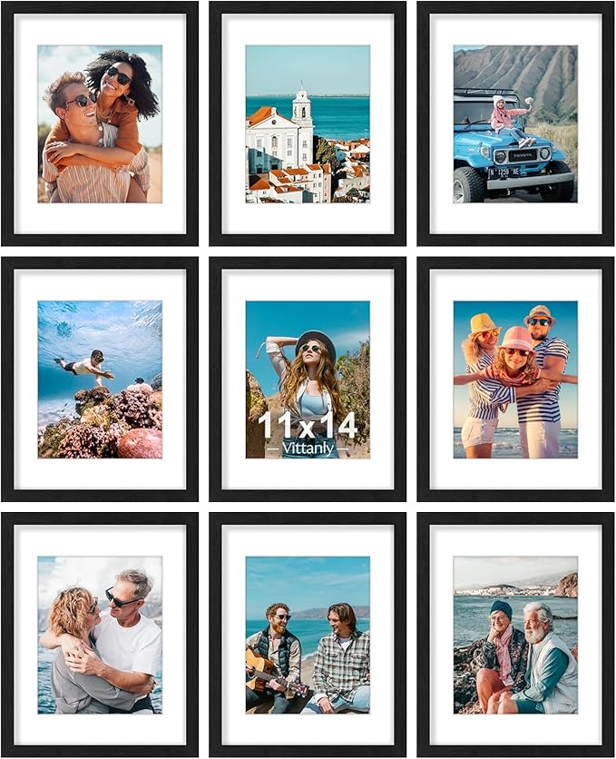 Vittanly 11x14 Picture Frames Set of 9, Shatter Resistant Plexiglass, Display 8x10 Pictures with Mat or 11x14 without Mat, Photo Frames for Wall or Tabletop, Engineered Wood, Black-Ruum Studio Home