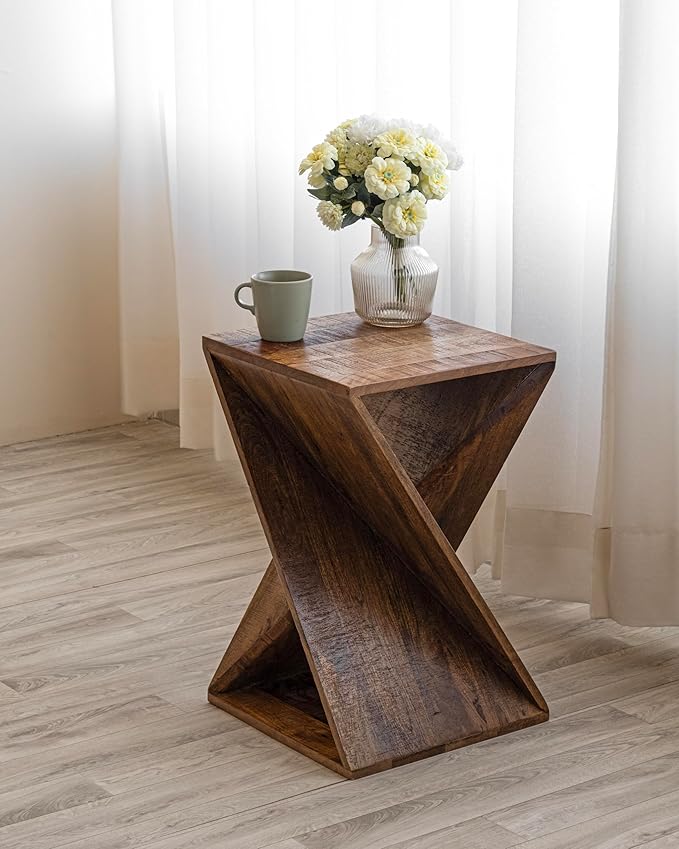 Modern Hand Made One-of-a-Kind Carved Mango Wood End Table, Farmhouse Side Table,Farmhouse End Table,Living Room,Bedroom, Accent Table, Contemporary Architectural Designed Natural-Ruum Studio Home