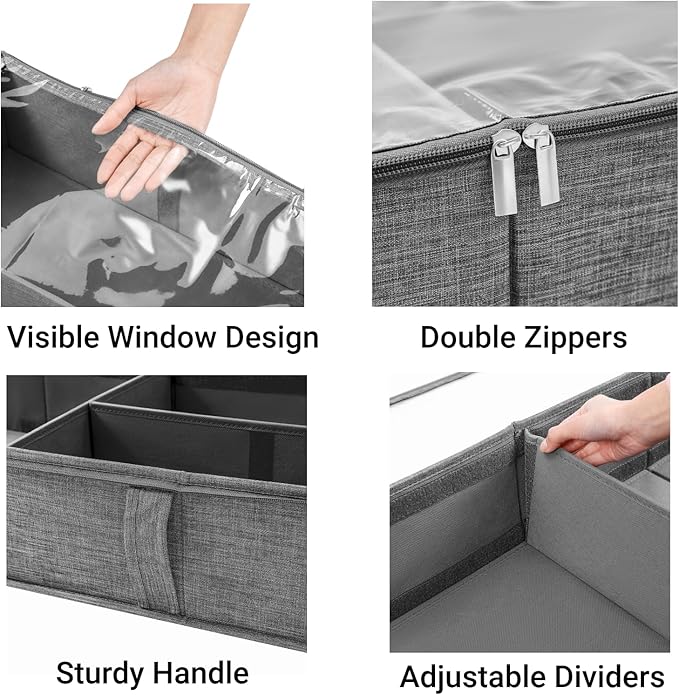 2 Packs Under Bed Storage Containers, Foldable Clothes Draw Organizers with Adjustable Dividers, Handles, Clear Window, Closet Storage Bins for Clothing, Shoes, Blankets-Ruum Studio Home