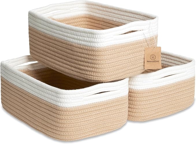 NaturalCozy 11.8"x8"x4.5” Storage Baskets for Shelves 3 Pack | Cotton Rope Woven Small Baskets for Organizing | Small Storage Bins for Nursery, Bathroom, Closet, Cube Shelf, Decorative, Gift Basket-Ruum Studio Home