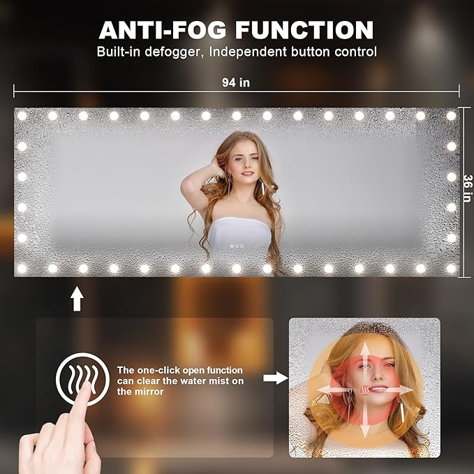 Hasipu LED Bathroom Mirror with Lights, 94" x 36" Hollywood Wall-Mounted Bathroom Mirror with 38 Dimmable Bulbs, 3 Colors Modes, Touch Control, Anti-Fog, Memory Function, Shatter-Proof, ETL Listed-Ruum Studio Home