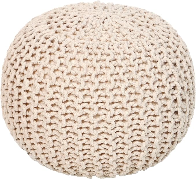REDEARTH Round Pouf Ottoman - Cable Knitted Boho Poof - Home Décor Cord Pouffe Handmade Circular Footrest for Living Room - Bedroom - Kids Bedroom - 100% Cotton Pouf (18" x 18" x 14") - Ivory-Ruum Studio Home