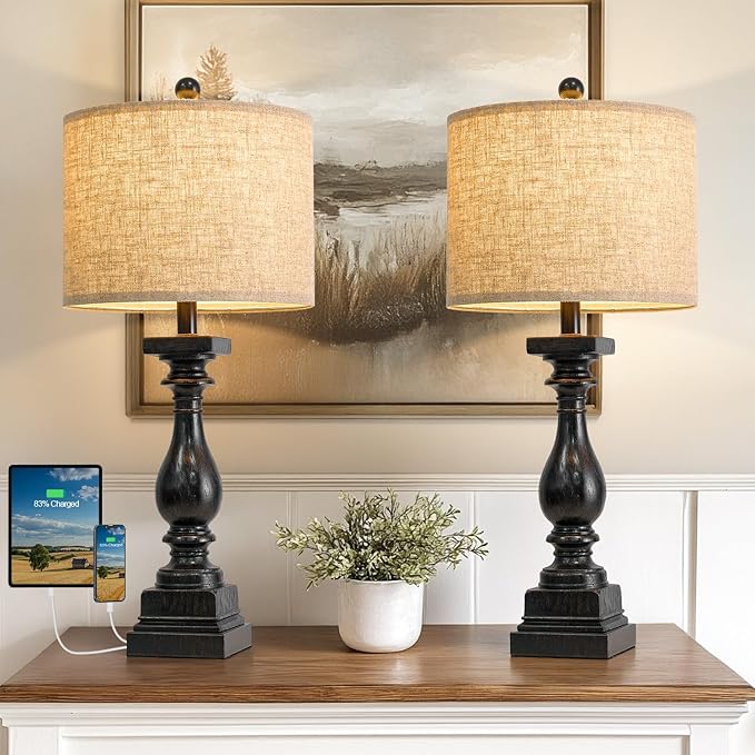 BOBOMOMO 27" Farmhouse Table Lamp Set of 2 with USB A+C for Bedroom Living Room Vintage Rustic Traditional Nightstand Bedside Lamps Retro Side Table Lamps (Black)-Ruum Studio Home