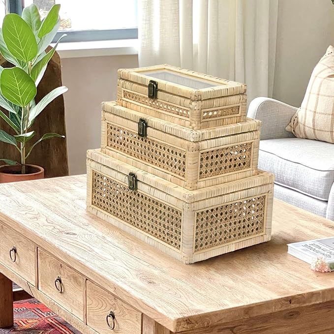 Rattan Decorative Boxes with Glass Lids, Set of 3 Sizes Boho Natural Hand-woven Cane Home Decor Organizers Storage Bins, Display Boxes Natural Finish-Ruum Studio Home