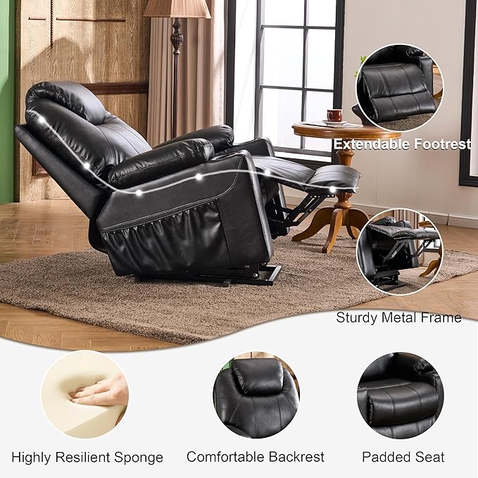 SALOHZA Power Lift Recliner Chair for Elderly with Massage and Heat for Living Room, Electric Recliner Chair for Adults with USB/Type C Port/Cup Holders, PU Faux Leather, Black-Ruum Studio Home