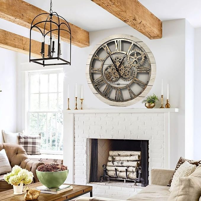 The Gears Clock The Original Real Moving Gear Wall Clock Vintage Industrial Oversized Rustic Farmhouse (24 inch (60cm),White Farmhouse)-Ruum Studio Home
